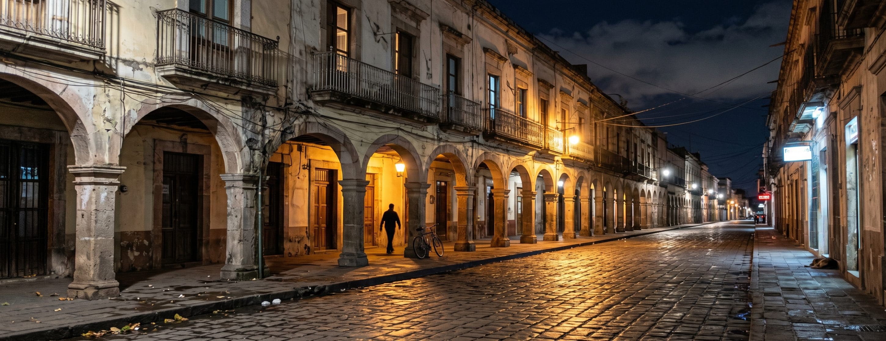 Una calle colonial mexicana de noche, con arcadas de piedra iluminadas y una figura caminando junto a una bicicleta.