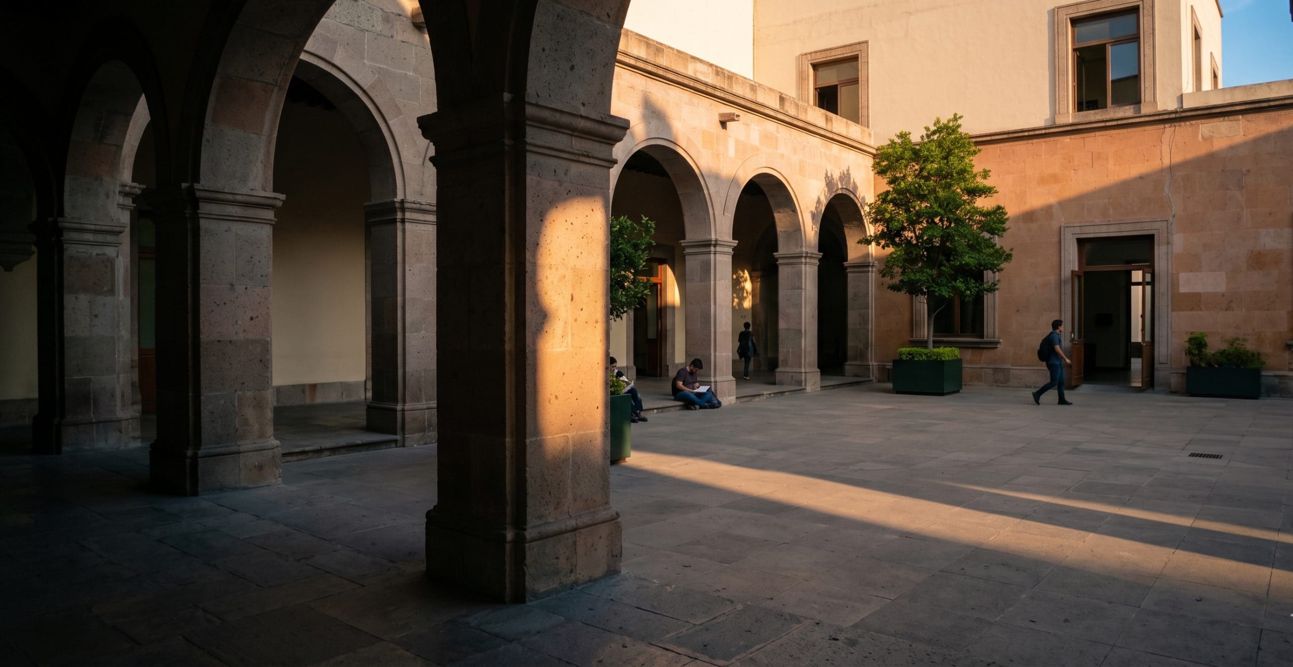 El patio de un edificio cultural mexicano a la luz de la tarde, con arcadas de piedra y personas leyendo.